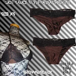 RARE Hot Sauce Style Sexy Lace Chocolate Black Skimpy Ruched Cheeky Bikini XS